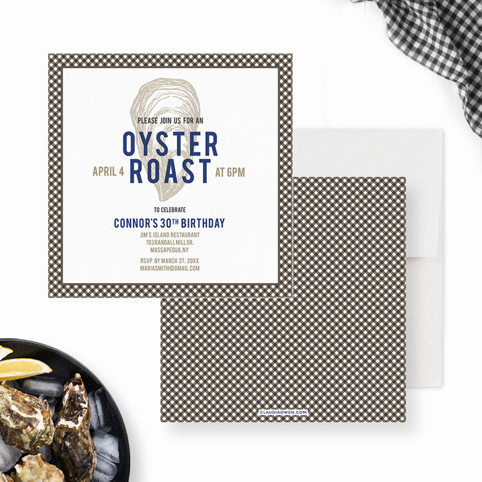 Oyster Roast Dinner Party Invitation, Seafood Feast Invites, Food Eating Crustacean Gingham Pattern Coastal Coast
