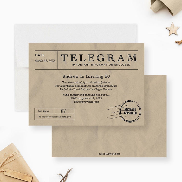 Vintage Telegram Invitations Instant Download, 50th 60th 70th 80th 90th Adult Birthday Invites, Edit Yourself Template Telegraph Paper