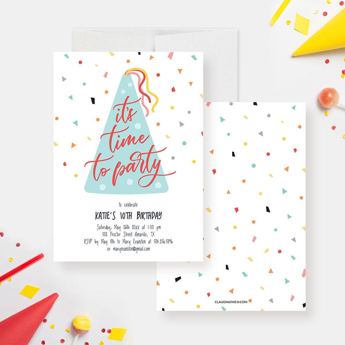 Party Hat Confetti Birthday Invitation Edit Yourself Template, Custom Colorful Kids Birthday Printable Digital Download, It&#39;s Time to Party