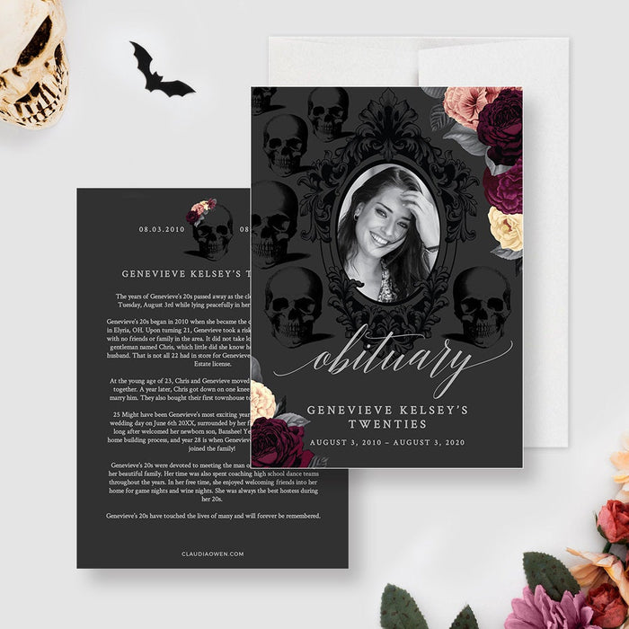Death to Your 20&#39;s Party Invitation Matching Set Template, RIP 20&#39;s Death Party, Obituary Welcome Sign Gift Tag Bundle, Floral Skull