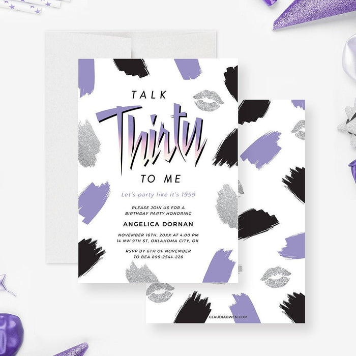 Talk Thirty To Me 30th Birthday Printable Party Invitation, Purple Editable Template, 80s 90s Retro Themed Party Like It's 1999 Download