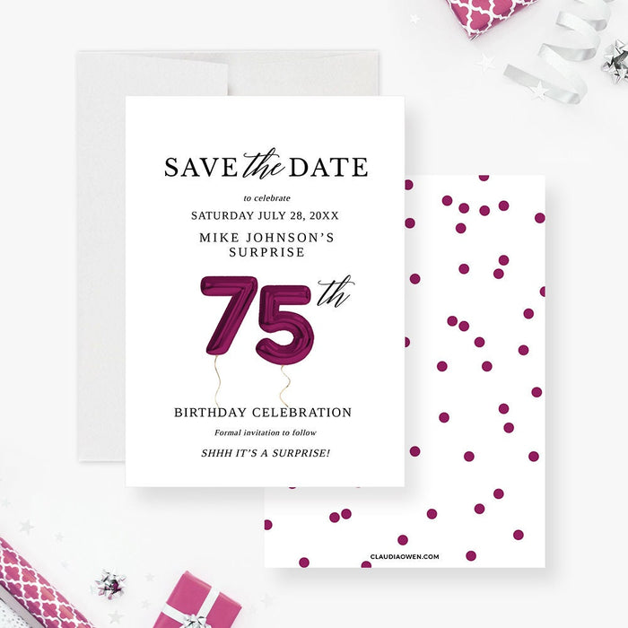 75th Birthday Invitation and Save the Date Card Editable Template, 75th Wedding Business Anniversary, 75 Birthday Balloon Digital Download