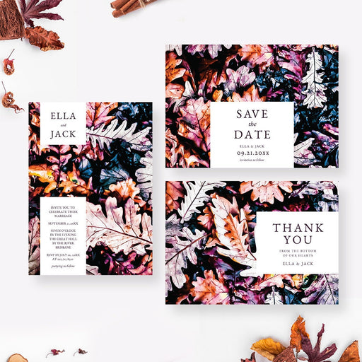 Fall Wedding Editable Invitation Template Set, Autumn Wedding Invitation Bundle, Personalized Thank You Card Save the Date Instant Download