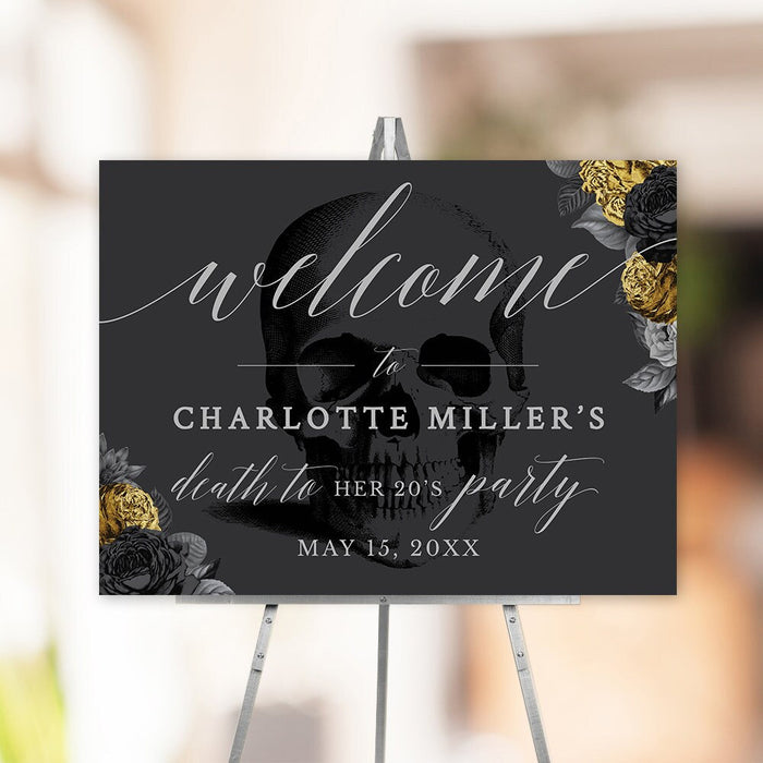 Death to My 20s Party Welcome Sign Editable Template in Gold and Black, Printable Sign Digital Download, 30th 40th 50th Birthday, RIP 20s