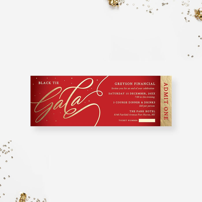 Gala Ticket Editable Template, Admit One Printable Digital Download, Red and Gold Holiday Ticket Invitation, Event Tickets