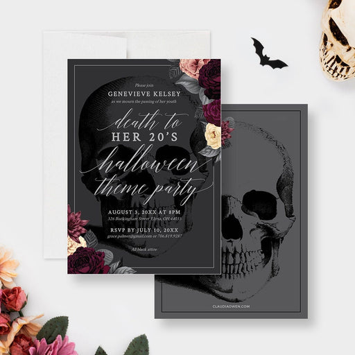 Death to My 20's Halloween Theme Party Invitation Editable Template, RIP 20's 30th Birthday Digital Download, Skull With Flowers