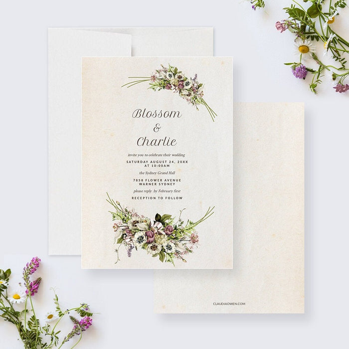 Vintage Flowers Wedding Invitation Editable Template, Elegant Garden Party Floral Invites Digital Download, Bridal Shower Vintage Flower