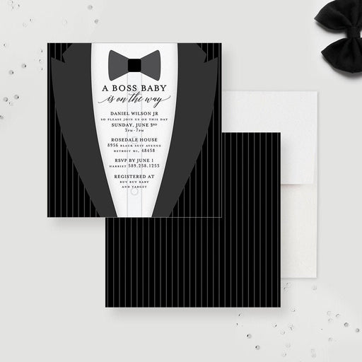 Baby Shower Party Invitation Pin Stripe Suit Baby Boy Shower Invites, A Boss Baby Is On The Way Tuxedo Bow Tie Newborn Lady Boss Mompreneur