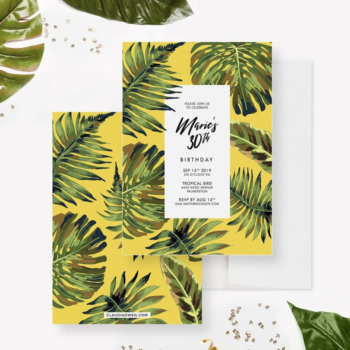 Tropical Spring Birthday Party Invitation, Tropical Palm Party Theme Leaves, Greenery Invites Green Fern Leaves, Botanical Monstera Leaf