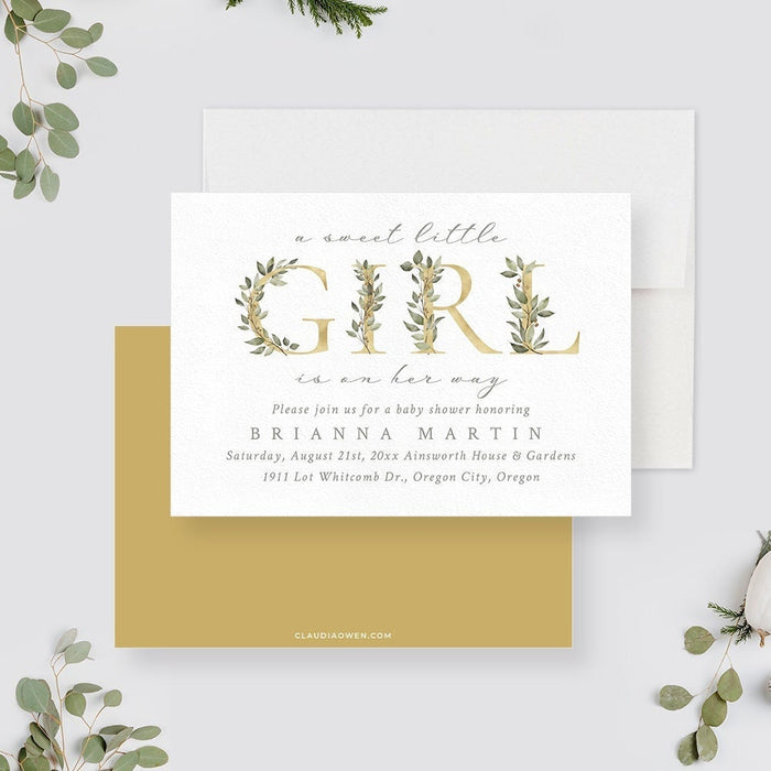 Personalized Baby Shower Invitation, A Sweet Girl is on the Way Card, Greenery Baby Shower Invite, Boho Baby Shower It's a Girl