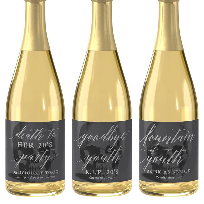 Mini Champagne Bottle Labels Death to Your 20s Template, Editable Bottle Labels, Fountain of Youth Digital Download, 30th Birthday