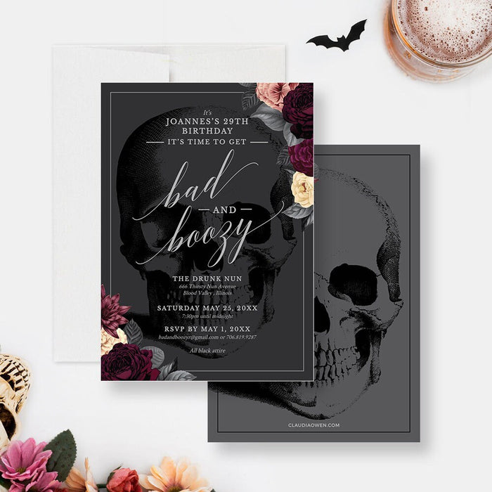 Bad and Boozy Party Invitation Editable Template, Floral Skull 21st 30th 40th Birthday Digital Download, October Halloween Goth Birthday