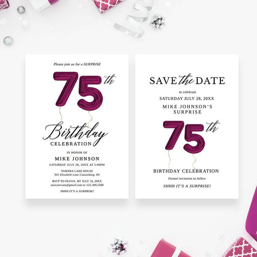 75th Birthday Invitation and Save the Date Card Editable Template, 75th Wedding Business Anniversary, 75 Birthday Balloon Digital Download