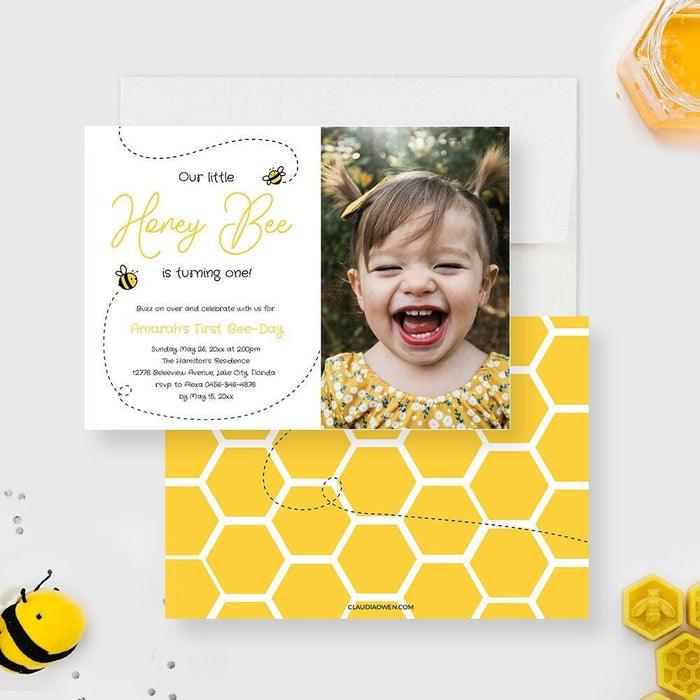Bee Birthday Invitation Template with Photo, Bumble Bee Birthday Party Invites, Honey Bee 1st Birthday Instant Digital Download