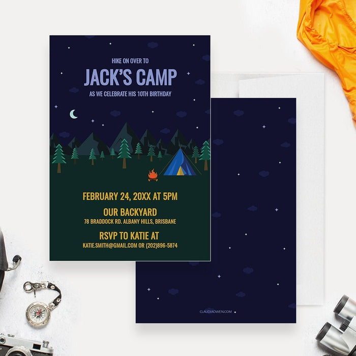 Camping Party Invitation Editable Template, Summer Camp Out Digital Download, Outdoors Tent Campfire Forest Adventure Mountains