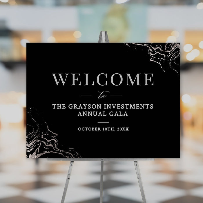 Elegant Printable Welcome Sign, Silver and Black Editable Office Sign, Silver Marble Corporate Event Party Sign