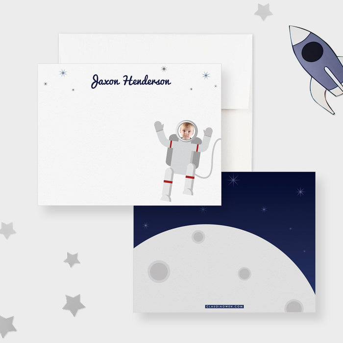 Space Birthday Thank You Cards Personalized with Photo, Astronaut on the Moon Baby Shower Cards, Outer Space Boys Girls Stationary Set