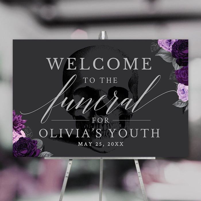 Funeral for my Youth Party Welcome Sign Editable Template, Funeral Birthday RIP 20s 30s 40s Digital Download, 36 X 24 Inches Purple Flowers