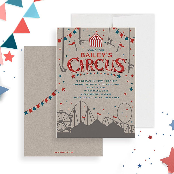 Circus Birthday Invitation Template, Carnival Birthday Invites for Boys and Girls, Circus Printable Digital Download, 5th 6th Kids Birthday