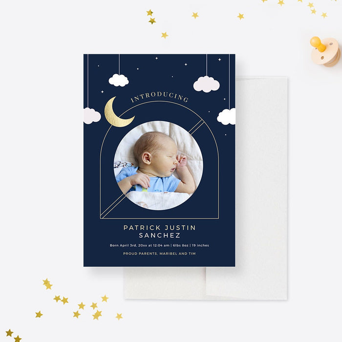 Celestial Baby Announcement Card with Photo Template, Baby Reveal Card with Moon Clouds Stars, Moon Child New Baby, Moon Birth Announcement