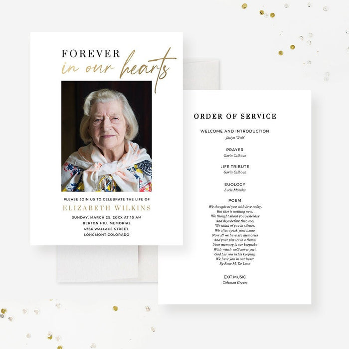 Forever In Our Hearts Memorial Card Template, Celebration of Life Invitation with Photo, Funeral Program Instant Download, Order of Events