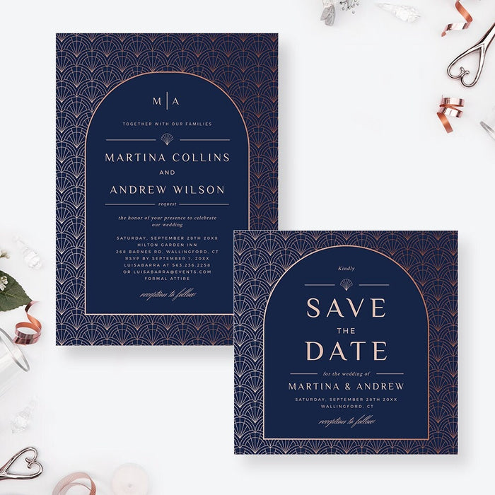 Art Deco Wedding Invitation Set, Printable Geometric Save The Dates, Rose Gold Wedding Anniversary Invites, Elegant Wedding Ceremony