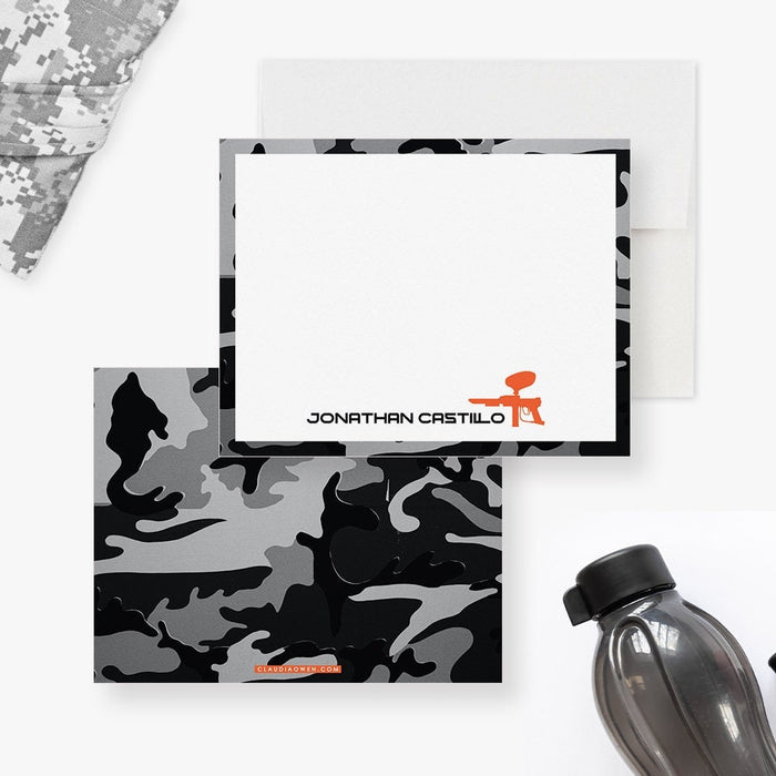 Paintball Note Cards for Boys and Men, Paintball Stationery Set, Army Party Thank you Cards,  Paintball Gun Lover Gifts, Camouflage Pattern