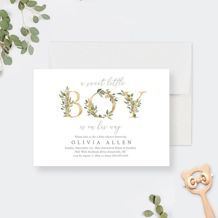 A Sweet Little Boy Baby Shower Invitation Editable Template, Greenery Baby Shower Invite Digital Download, Garden Baby Shower, It’s a Boy