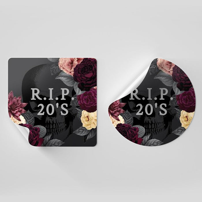 RIP 20s Sticker Editable Template, RIP 30s 40s 50s Funeral Birthday Printable Digital Download Label 1 x 1 Inch, Floral Skull Sticker