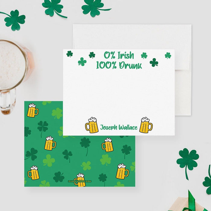 Funny Note Cards, Fathers Day Gifts, St Patricks Day Thank You Cards, Drunk Irish Gifts, Custom Stationery Cards, 0% Irish 100 Percent Drunk