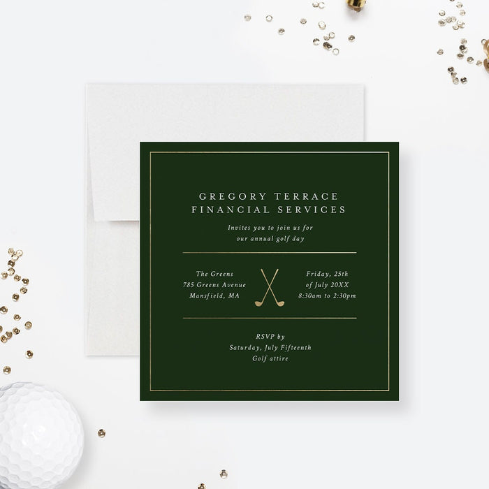 Green and Gold Corporate Golf Day Invitation, Elegant Golf Themed Birthday Invites for Men and Women, Sports Party Invitations with Golf Club, Top Golf, Mini Golf