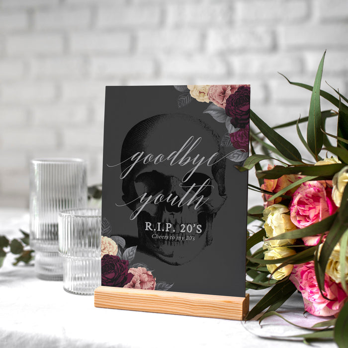 Fountain of Youth Table Sign Template, Goodbye Youth RIP 20s 5 x 7 Inches Small Sign, Floral 30th Birthday Printable Digital Download