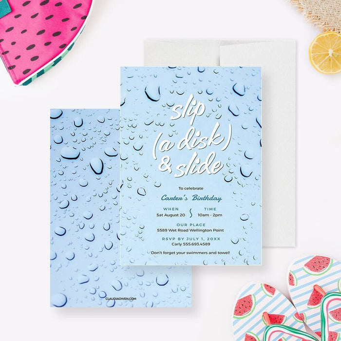Slip a Disk and Slide Adult Pool Birthday Party Invitation Editable Template, Summer Party Printable Digital Download, Swimming Party Invite