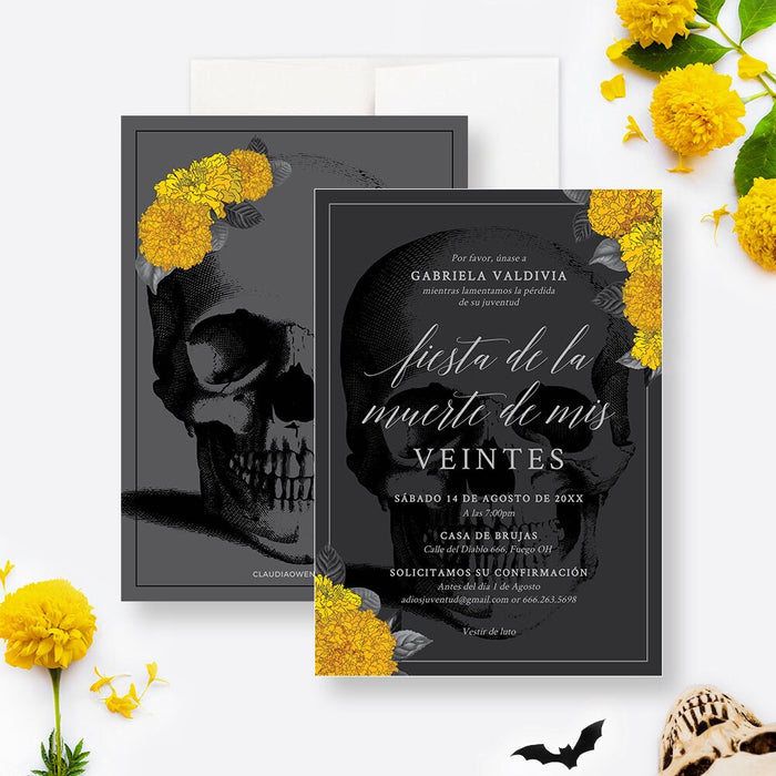 Fiesta de la Muerte de mis Veintes Cempasuchil Party Invitation Editable Template, 30th 40th Birthday Spanish, Mexican Marigold Flowers