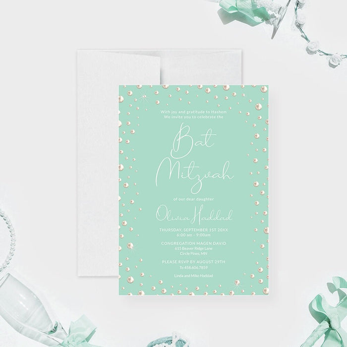 Pearl Themed Bat Mitzvah Digital Download Invitations, Mint Teal Color Pearl Quinceanera, 16th 17th 18th 21st 30th 40th 50th Birthday