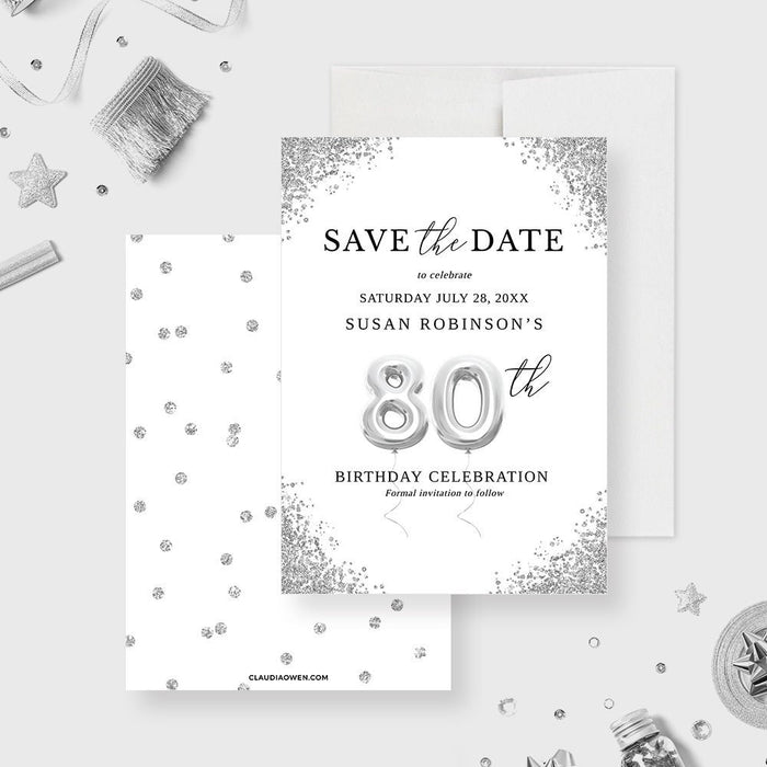 80th Save the Date Card Editable Template in Silver, Eightieth Birthday Balloon Digital Download, 80th Business Wedding Anniversary