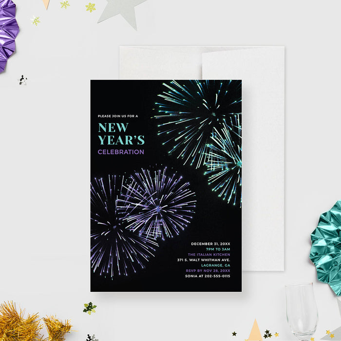 New Year's Party Invitation Editable Template, Fireworks End of Year Party Printable Digital Download, NYE Party, 4th of July Celebration