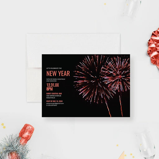 a new year&#39;s eve party card with fireworks