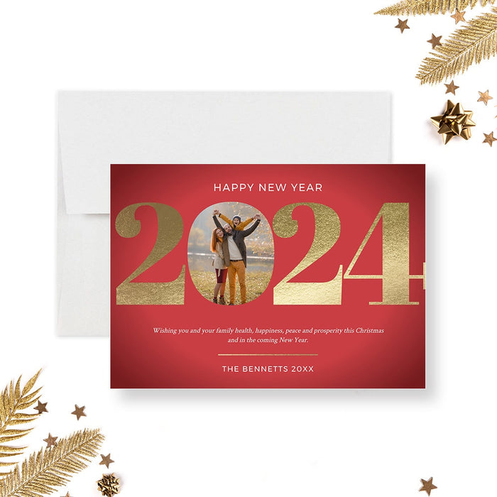 Happy New Year 2024 Family Photo Holiday Cards, Christmas Cards Template Personalized with Photo, Instant Digital Download