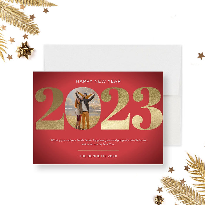 Happy New Year 2024 Family Photo Holiday Cards, Christmas Cards Template Personalized with Photo, Instant Digital Download