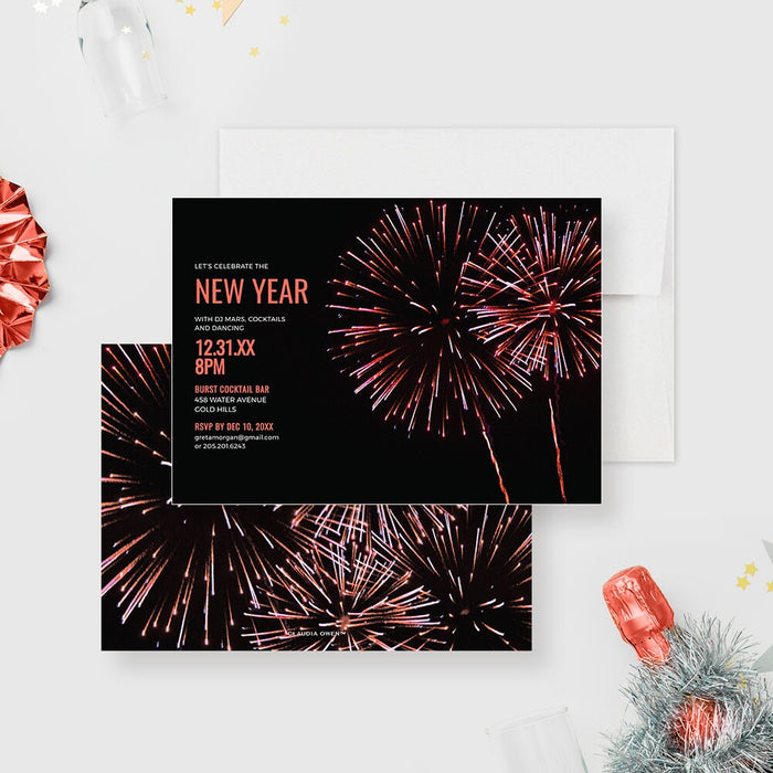 a new year&#39;s eve party card with fireworks