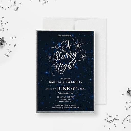 a starr night birthday party card with confetti