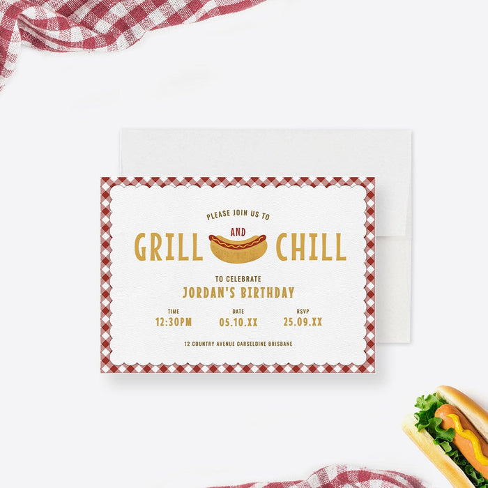 Grill and Chill Invitation Template, Mens Birthday Hotdog Party Digital Download, Summer Backyard BBQ Party Printable Invites