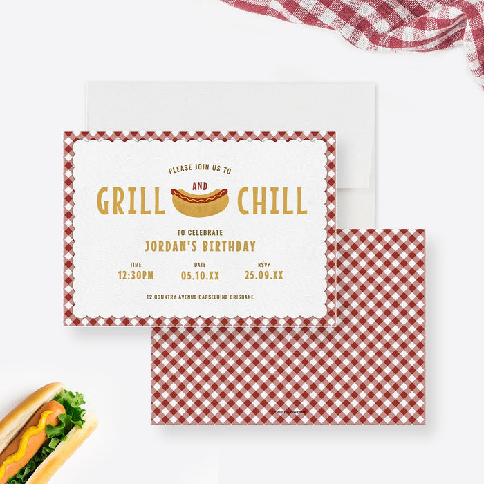 Grill and Chill Invitation Template, Mens Birthday Hotdog Party Digital Download, Summer Backyard BBQ Party Printable Invites
