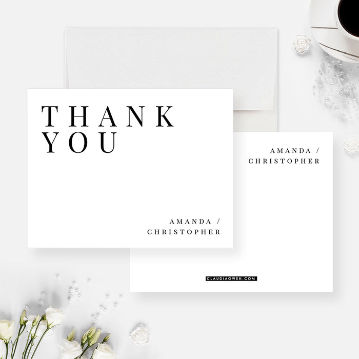 Minimalist white wedding thank you card with spaced black typography and personalized couple names.