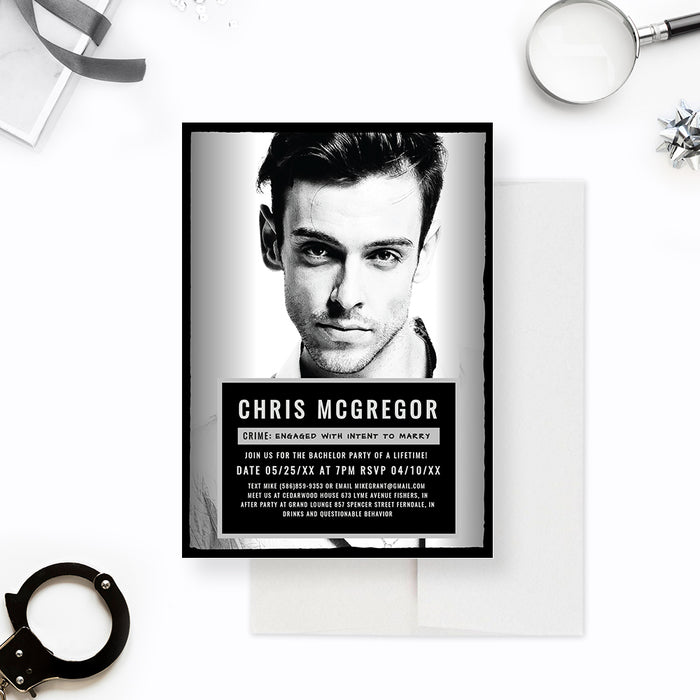 Mugshot style bachelor party invitation with a large black and white photo and dark information panel.
