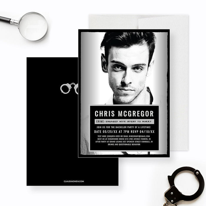 Mugshot photo bachelor party invitation front and coordinating black back.
