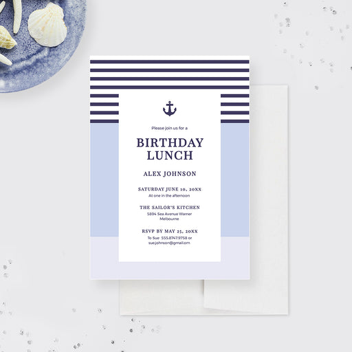 nautical birthday invitation digital template with navy stripes, anchor detail, and soft blue accents for a boating or sailing party