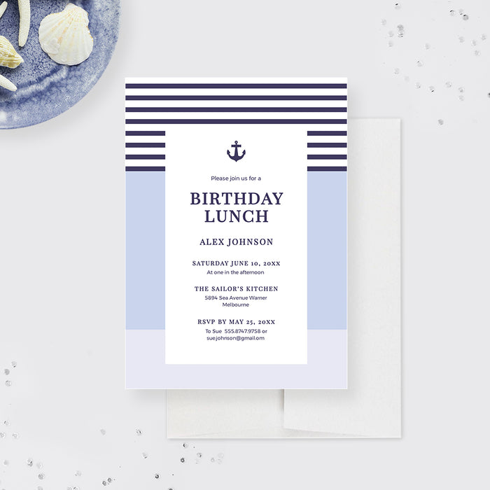 nautical birthday invitation digital template with navy stripes, anchor detail, and soft blue accents for a boating or sailing party