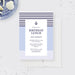 nautical birthday invitation digital template with navy stripes, anchor detail, and soft blue accents for a boating or sailing party